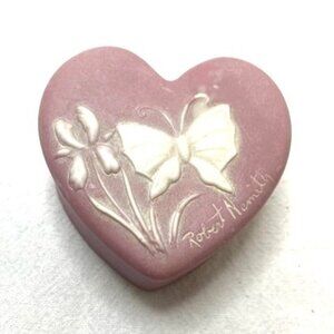 Vtg Robert Nemith Soapstone Heart Shaped Trinket Box Pink White Butterfly & Iris